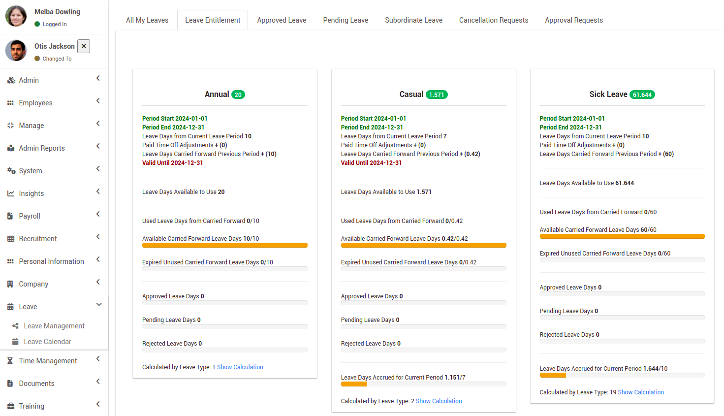 How to check details of leave balances/and request leaves for a given employee in the Admin account?