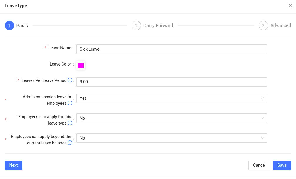 How to use IceHrm software to configure a sick leave where employees can't apply but only a manager can assign?