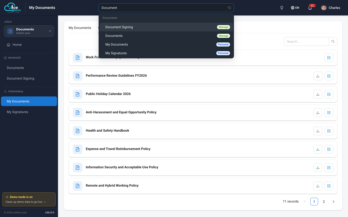 Searching for the Documents module in the IceHrm search bar