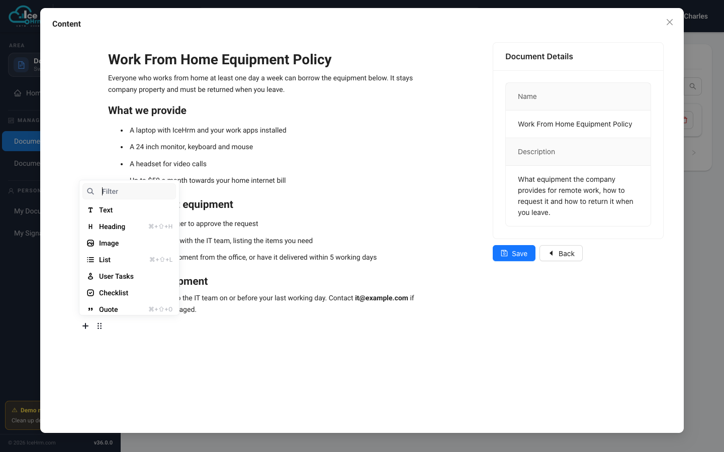 The block menu in the IceHrm document editor