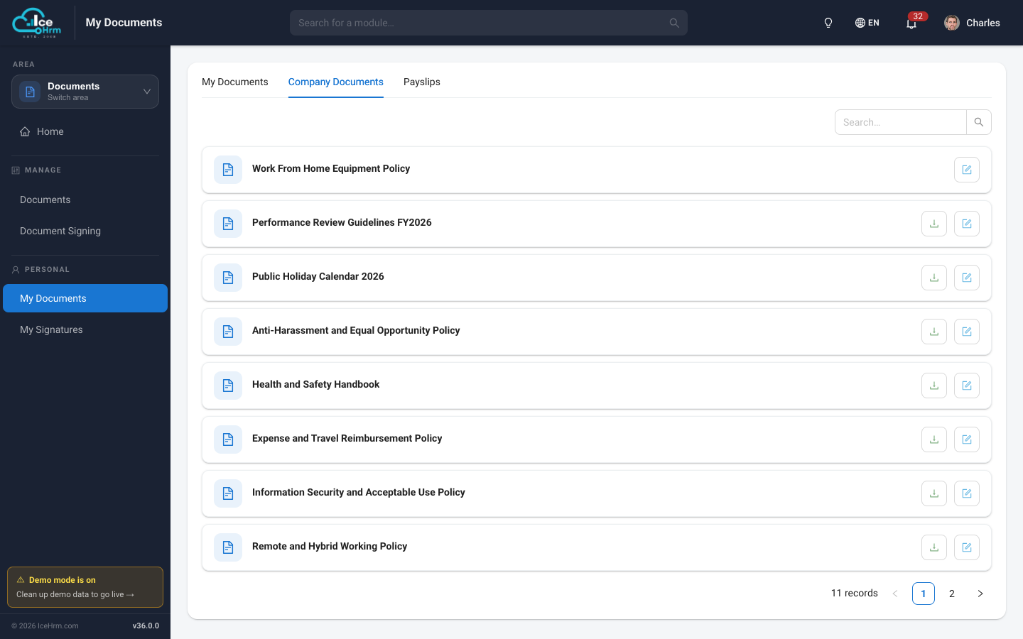 The Company Documents tab in My Documents